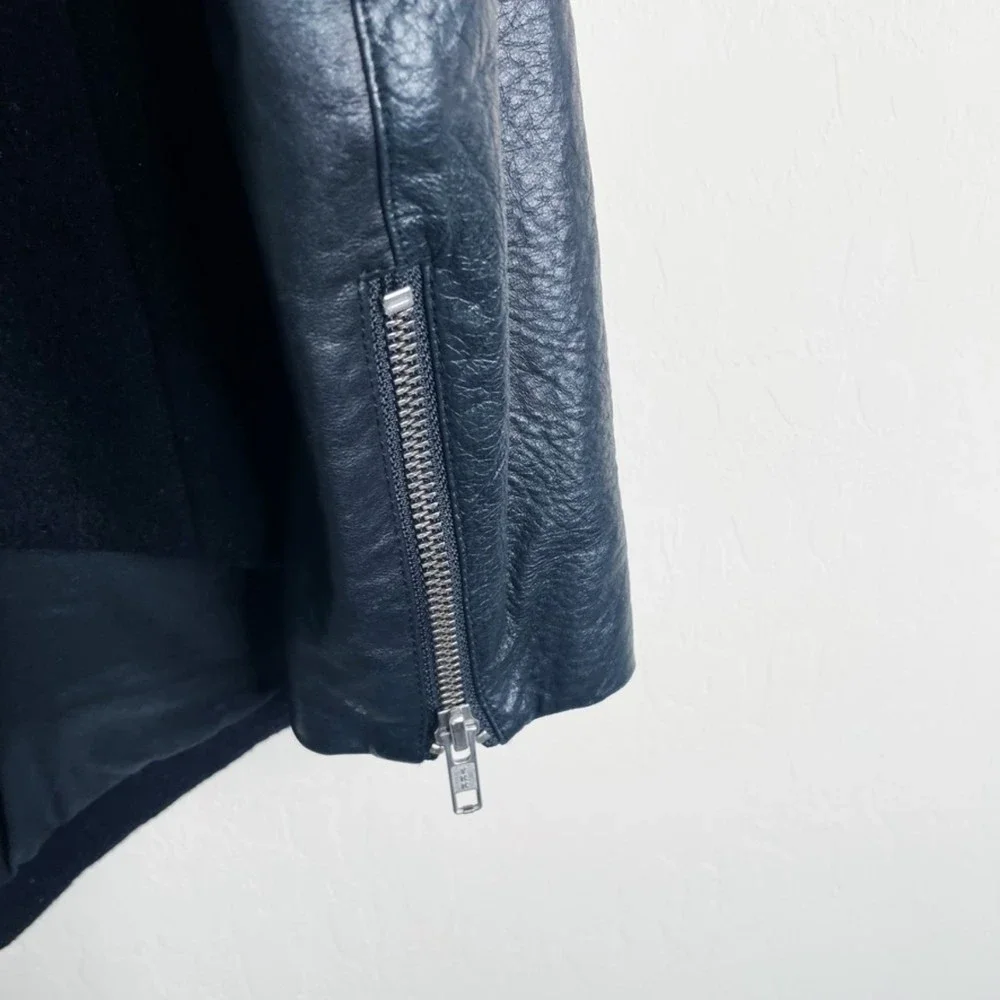Wool Draped Open-Front Jacket with Genuine Leather Sleeves